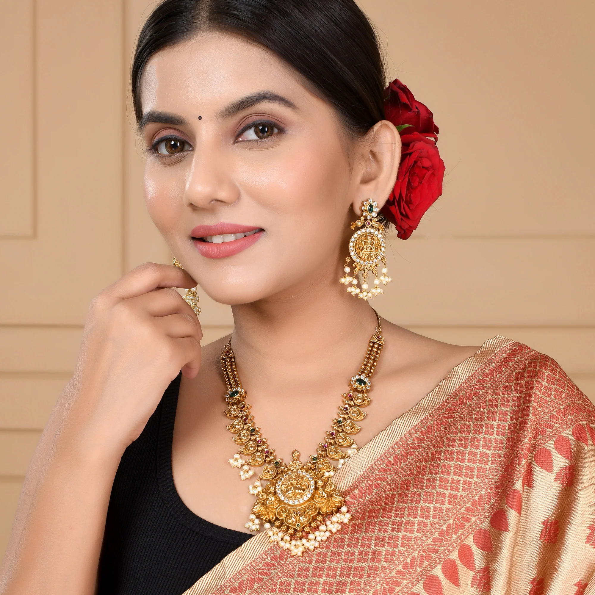 Faux White Pearls And Zircons Temple Design Brass Gold Plated Jewellery Set - Image 2