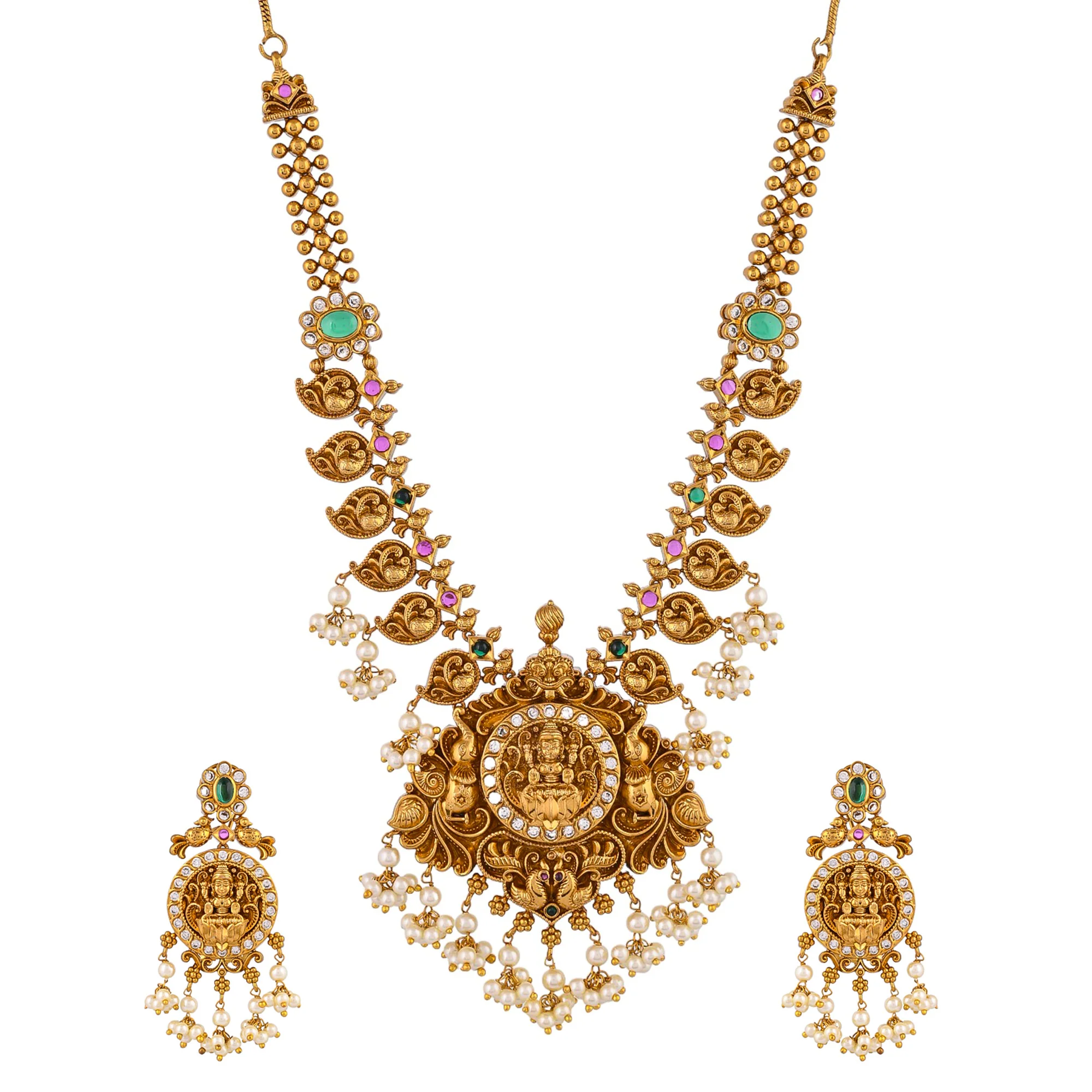 Faux White Pearls And Zircons Temple Design Brass Gold Plated Jewellery Set - Image 3