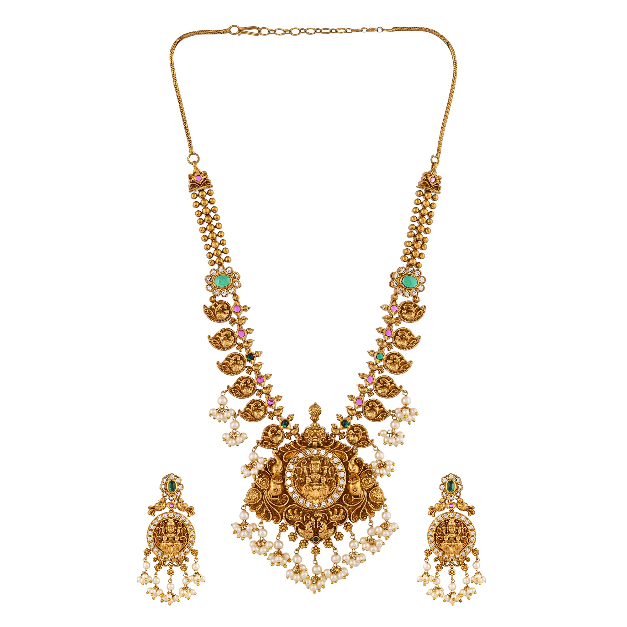 Faux White Pearls And Zircons Temple Design Brass Gold Plated Jewellery Set - Image 4