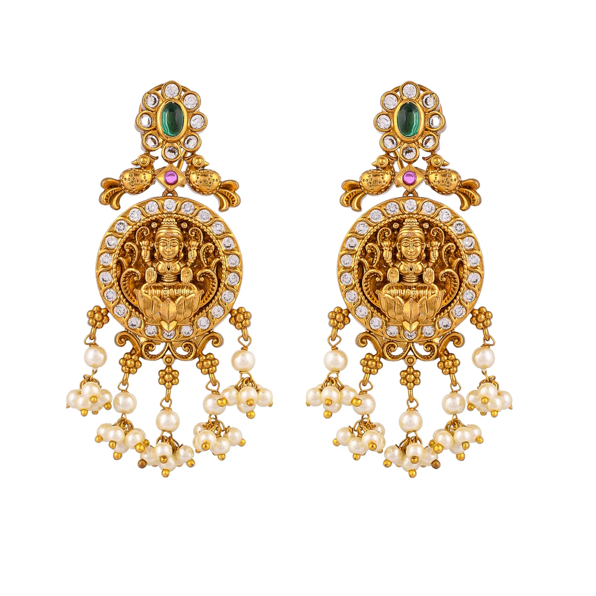 Faux White Pearls And Zircons Temple Design Brass Gold Plated Jewellery Set - Image 6