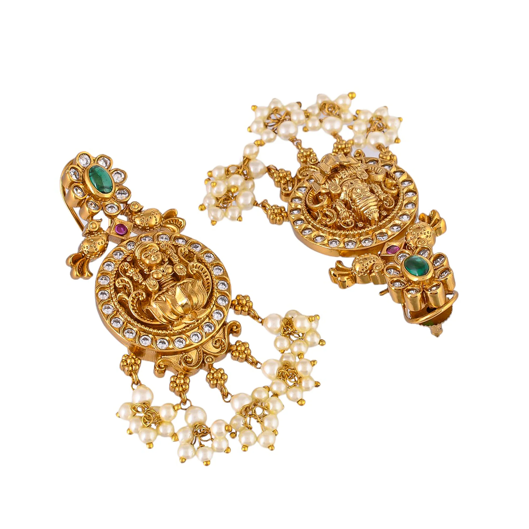 Faux White Pearls And Zircons Temple Design Brass Gold Plated Jewellery Set - Image 7
