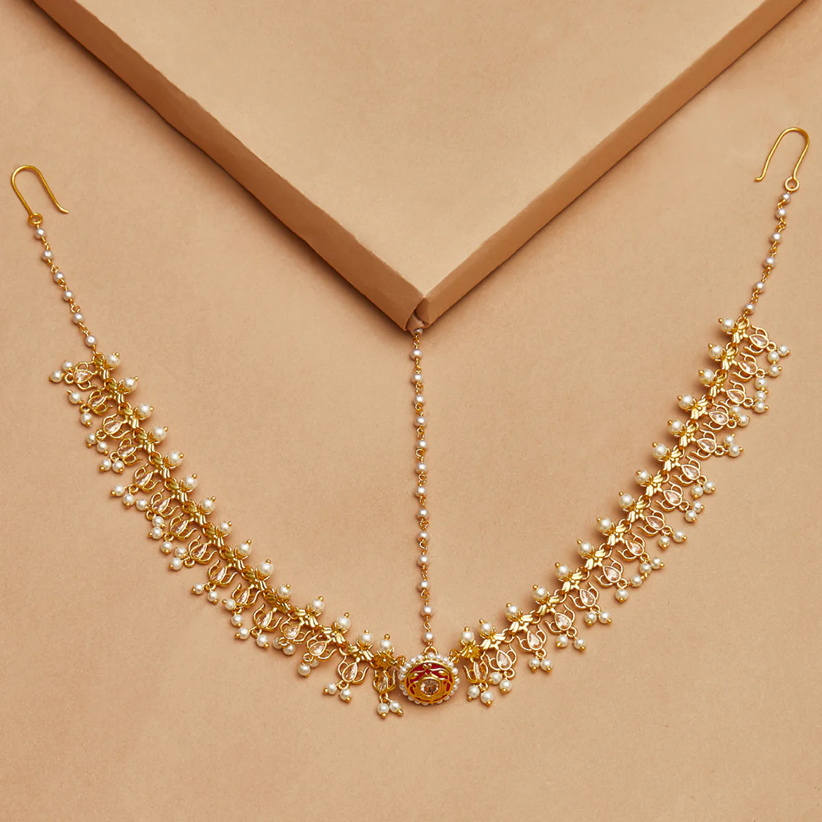 Faux White Pearls Embellished Brass Gold Plated Matha Patti Maang Tika