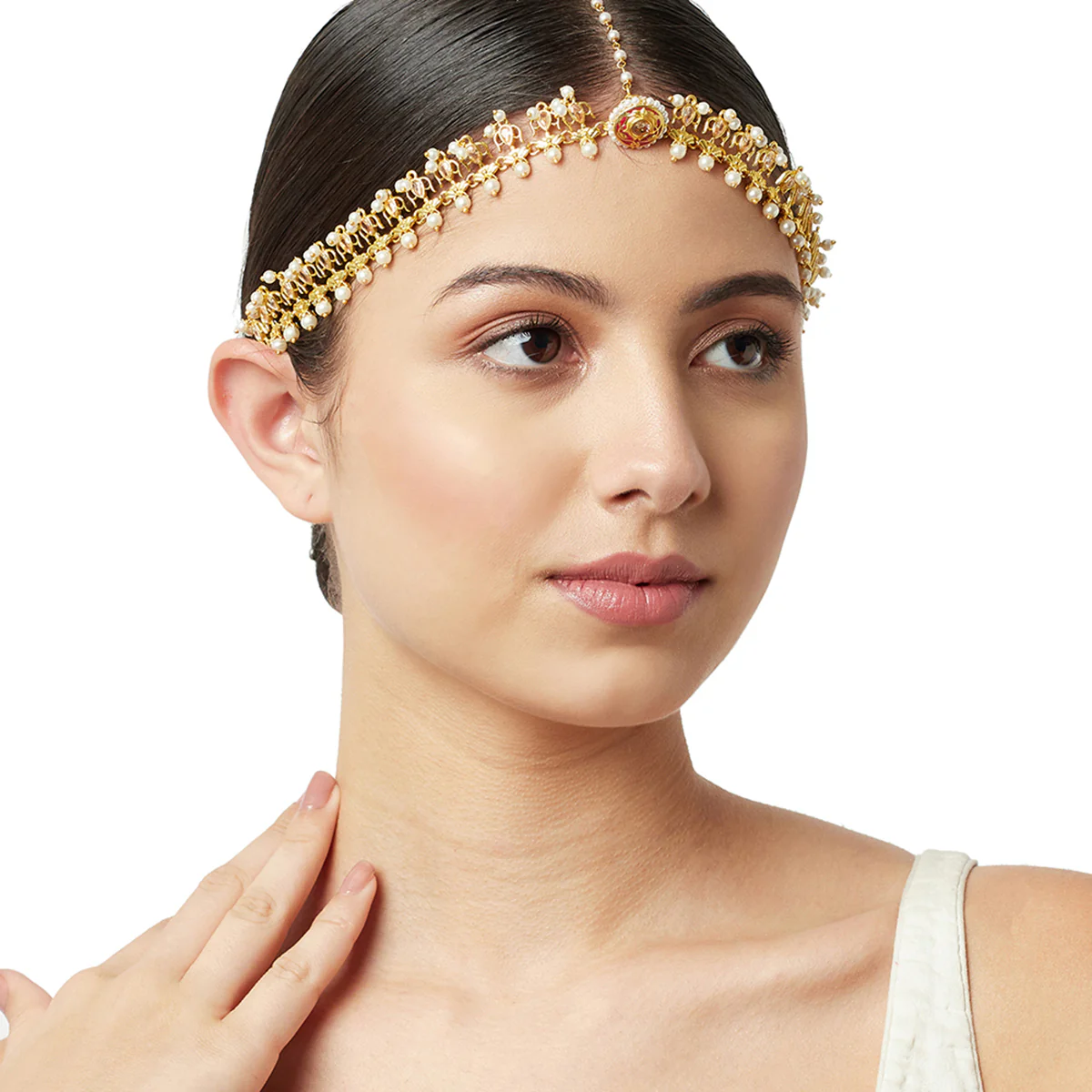 Faux White Pearls Embellished Brass Gold Plated Matha Patti Maang Tika - Image 2
