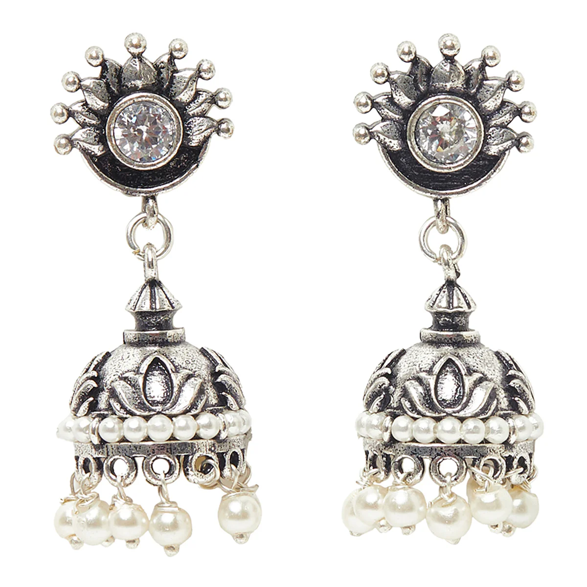 Faux White Pearls Embellished Brass Silver Plated Jhumka Earrings - Image 3