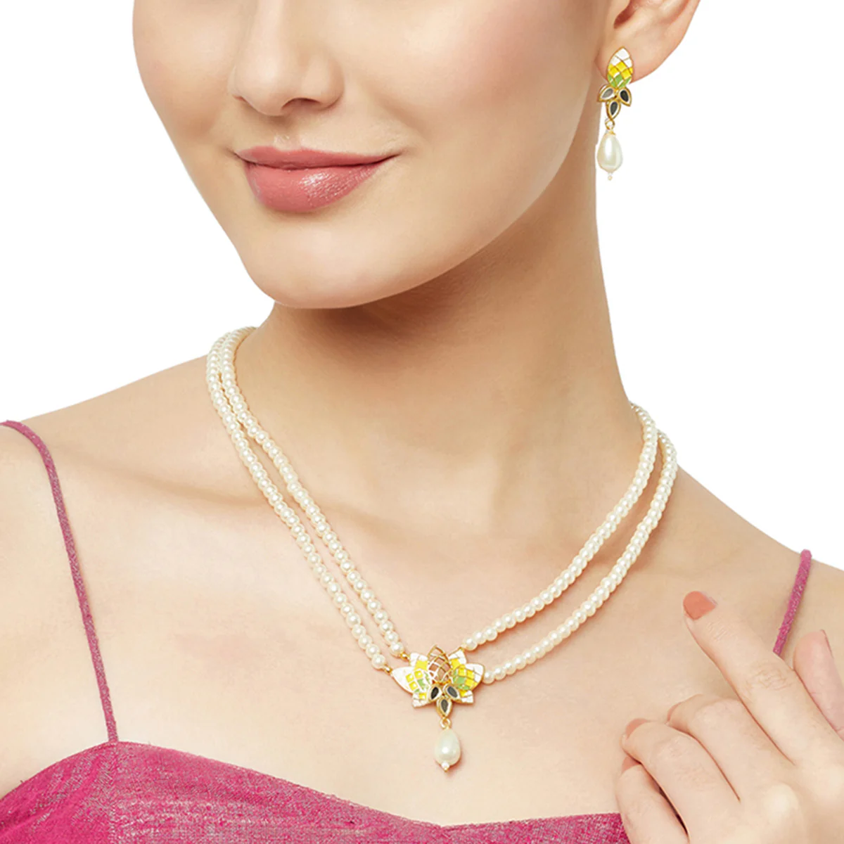Faux White Pearls Gold Plated Necklace Set - Image 2