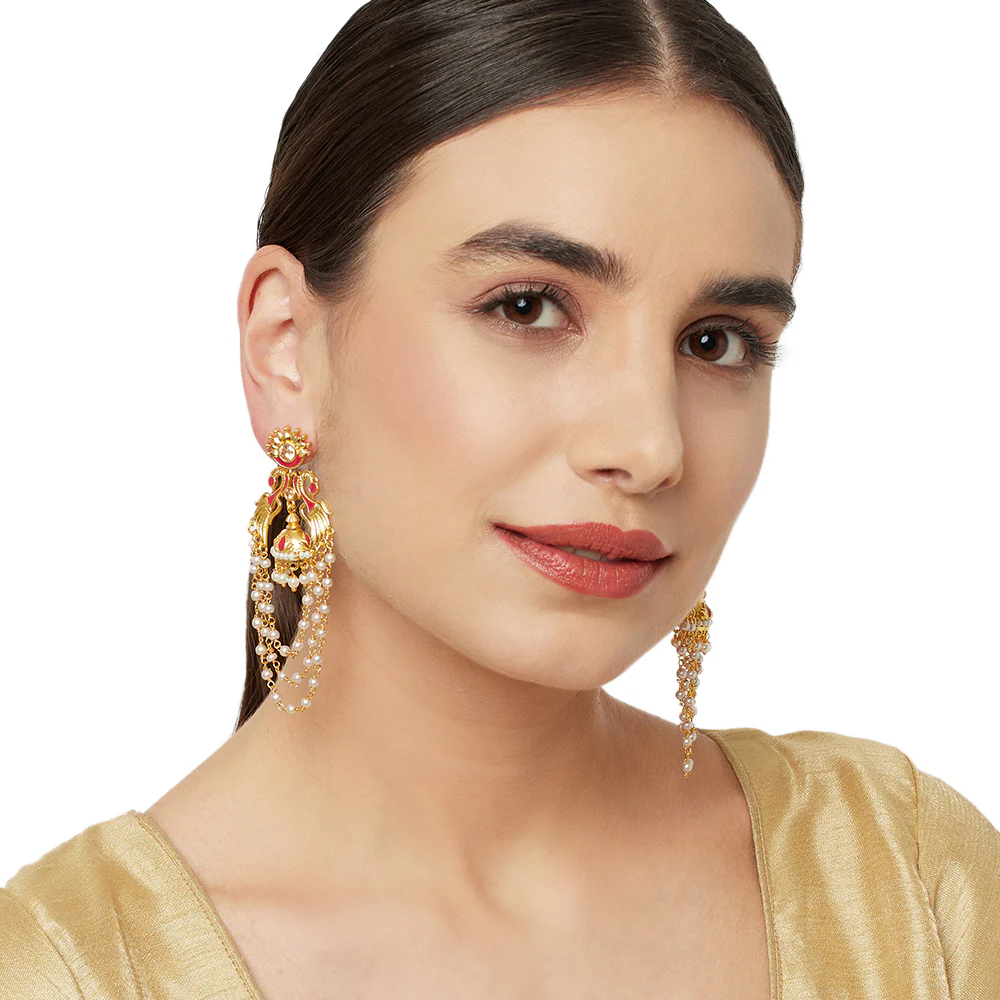Festive Dangler Earrings With Pearl Beads - Image 2