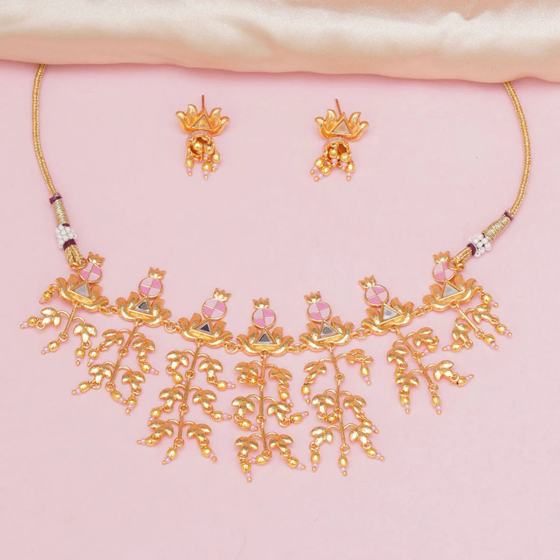 Festive Hues Brass Embellished Long Fusion Pink Necklace Set