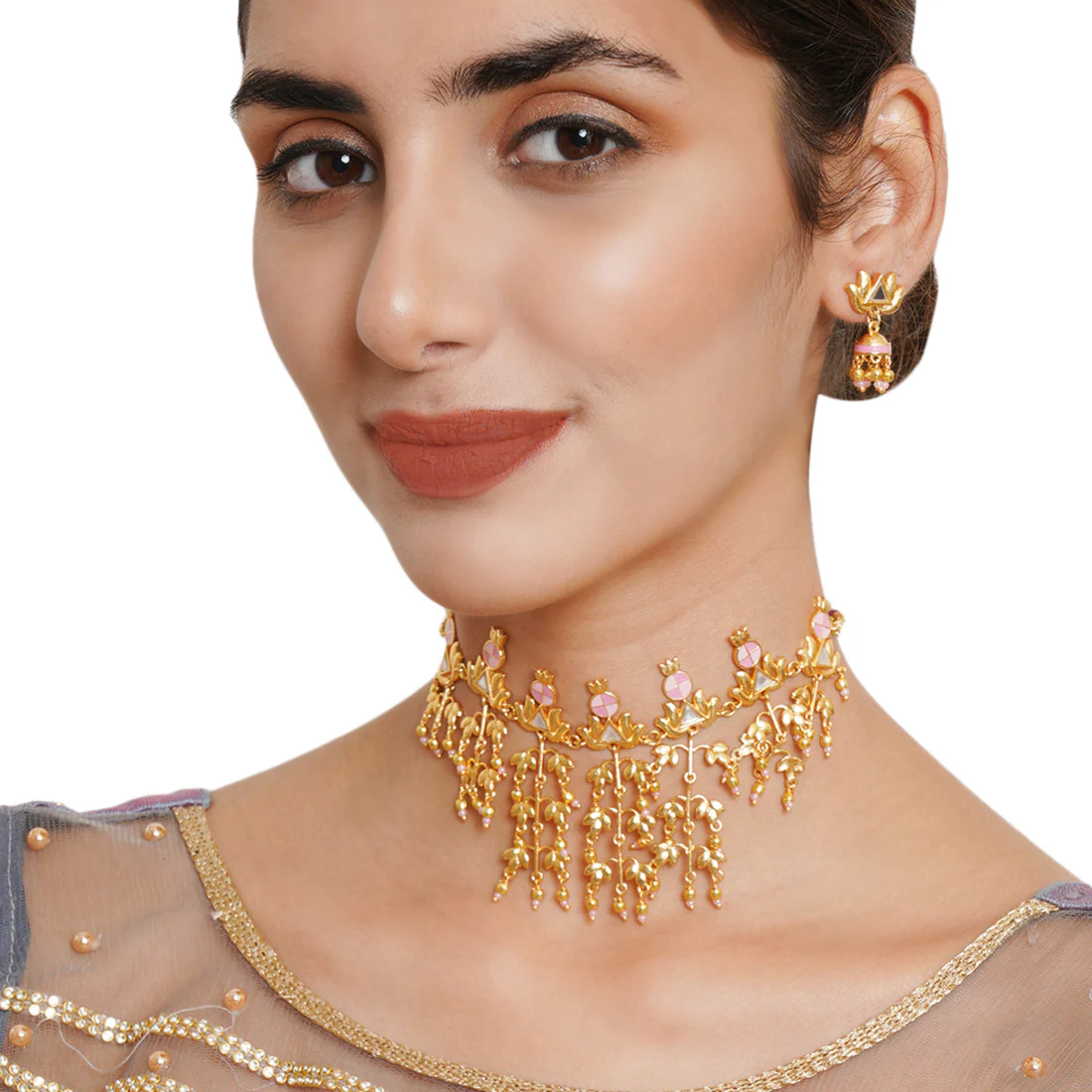 Festive Hues Brass Embellished Long Fusion Pink Necklace Set - Image 2