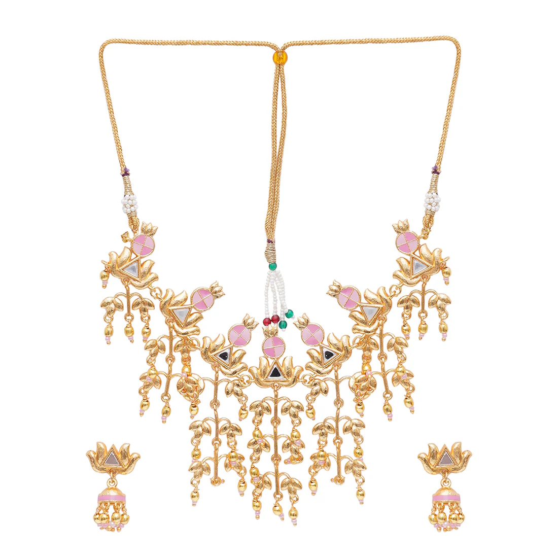 Festive Hues Brass Embellished Long Fusion Pink Necklace Set - Image 3