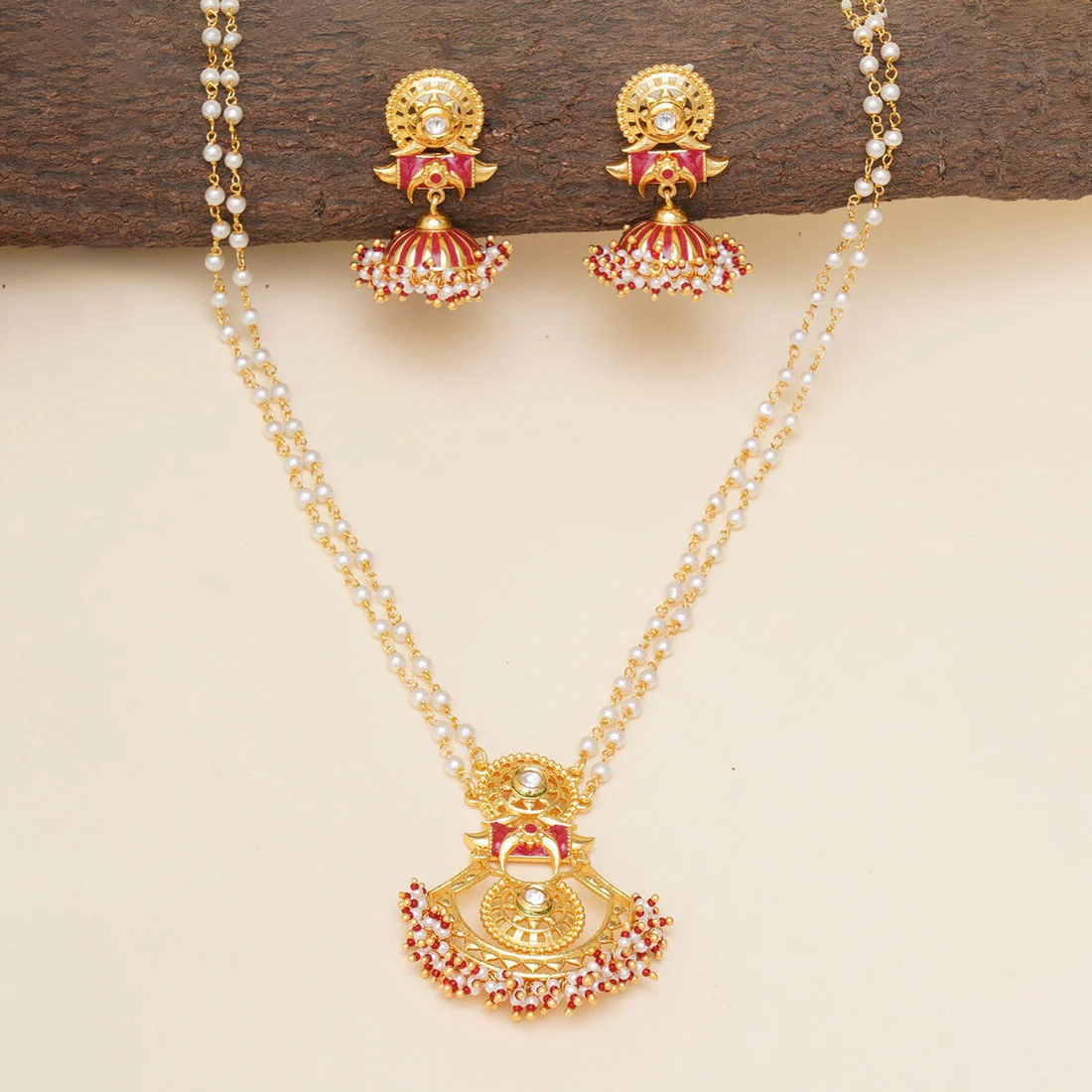 Festive Hues Cluster Setting Faux Pearls Gold Plated Brass Enamelled Jewellery Set