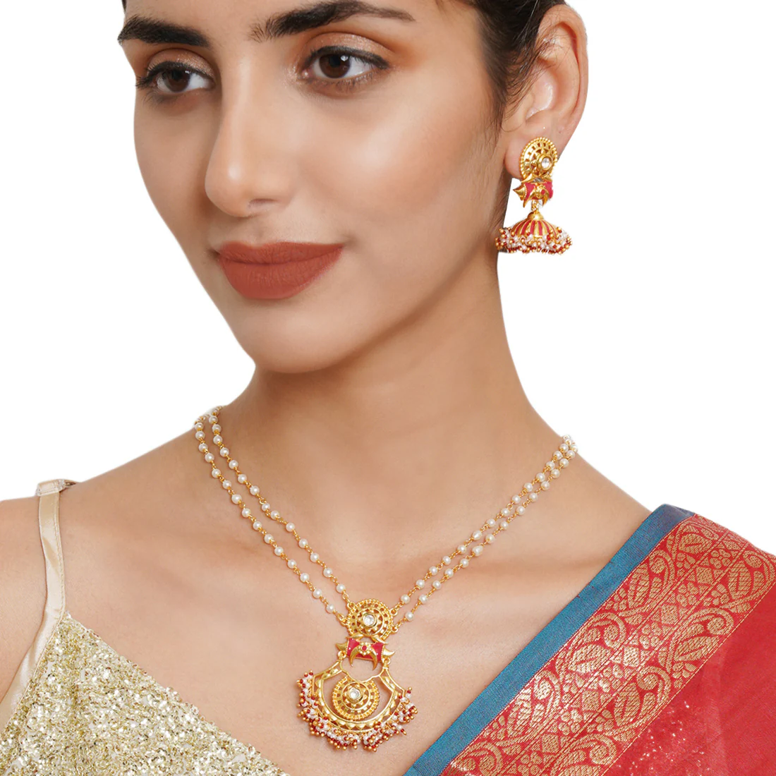 Festive Hues Cluster Setting Faux Pearls Gold Plated Brass Enamelled Jewellery Set - Image 2