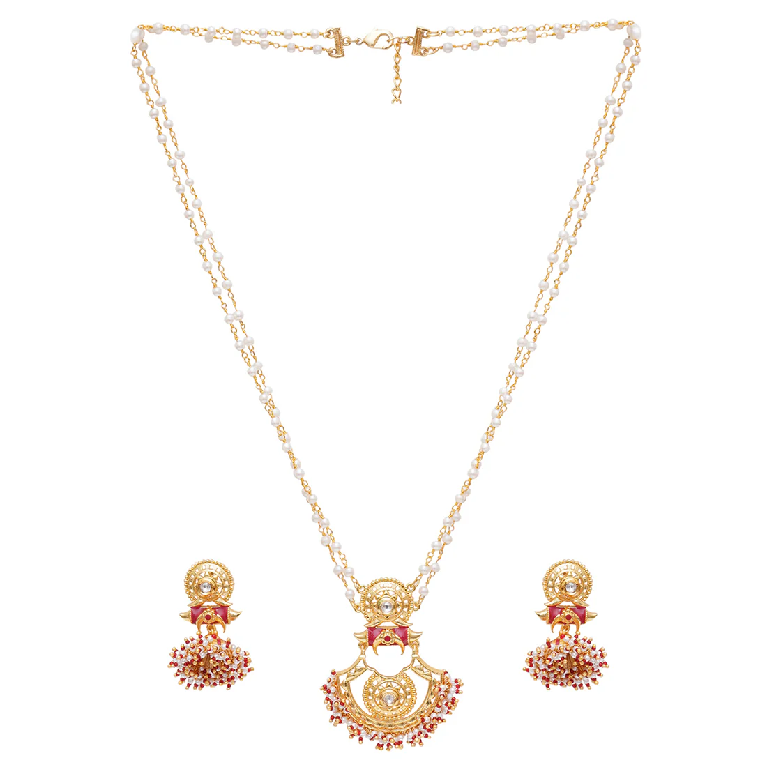 Festive Hues Cluster Setting Faux Pearls Gold Plated Brass Enamelled Jewellery Set - Image 3