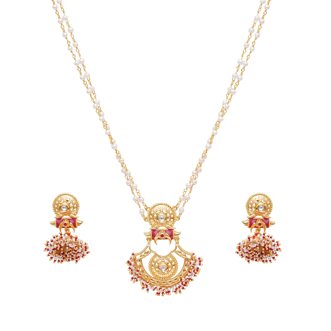 Festive Hues Cluster Setting Faux Pearls Gold Plated Brass Enamelled Jewellery Set - Image 4