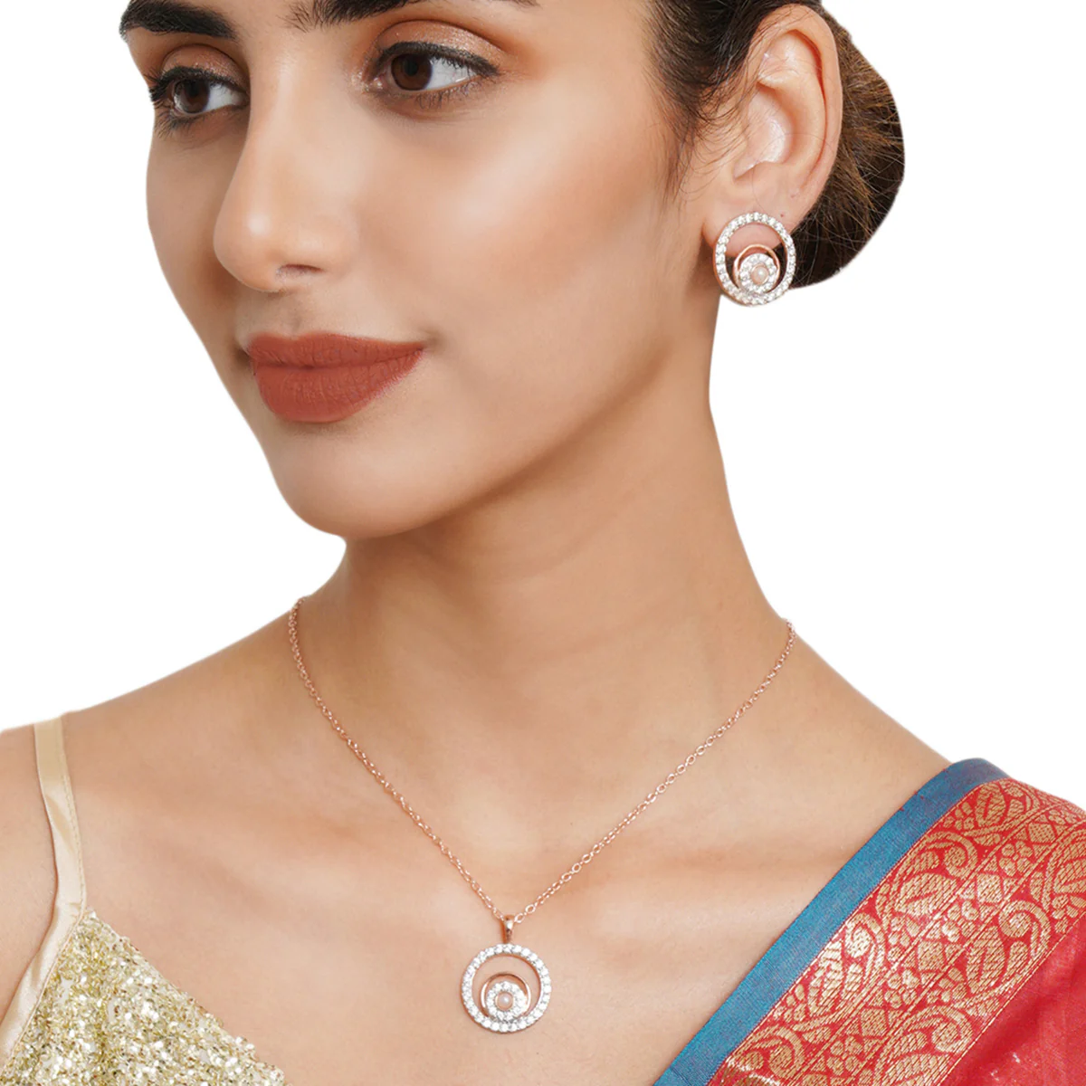 Festive Hues CZ and Pink Pearls Embellished Rose Gold Plated Brass Jewellery Set - Image 2