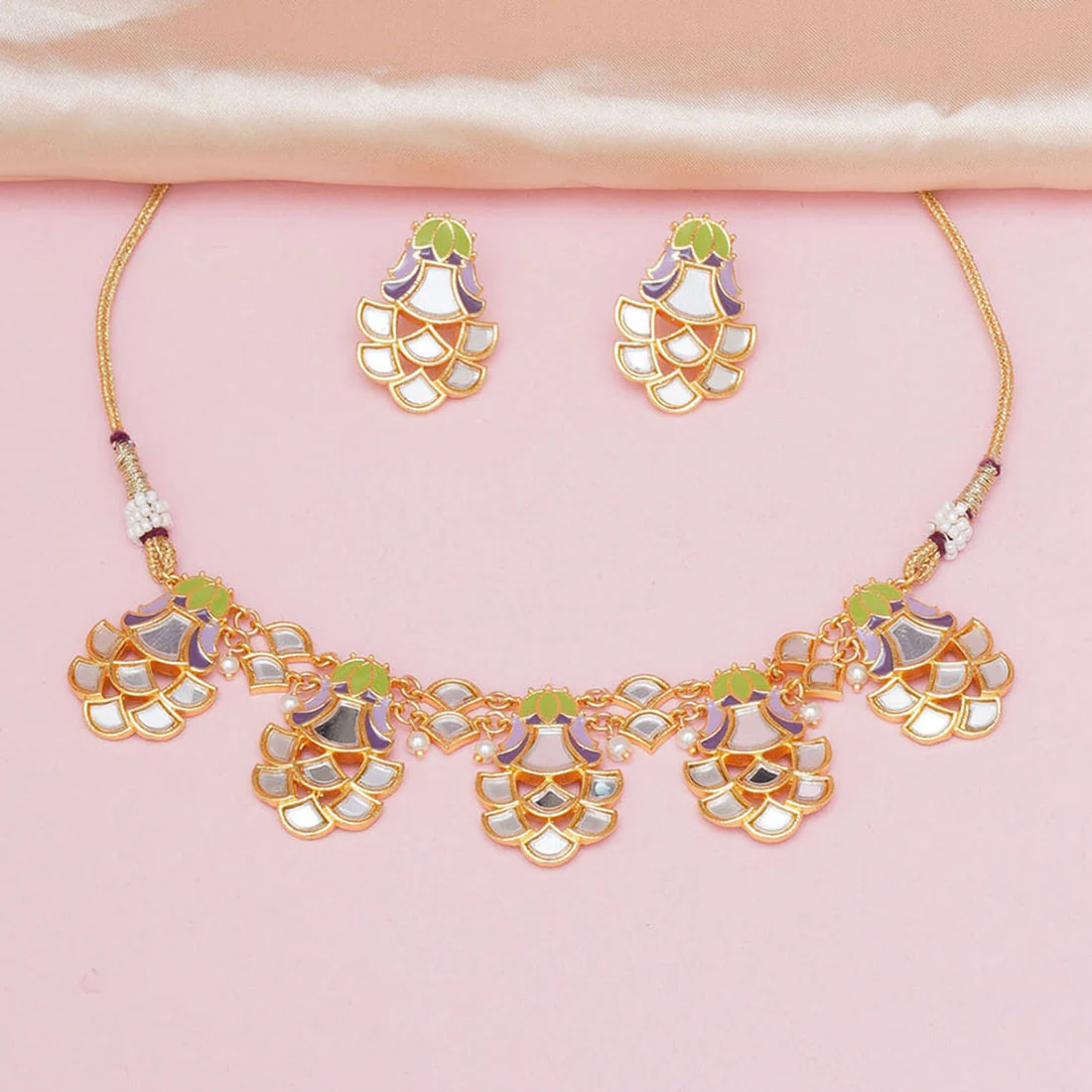 Festive Hues Enamelled Mirror Details Gold Plated Choker Jewellery Set