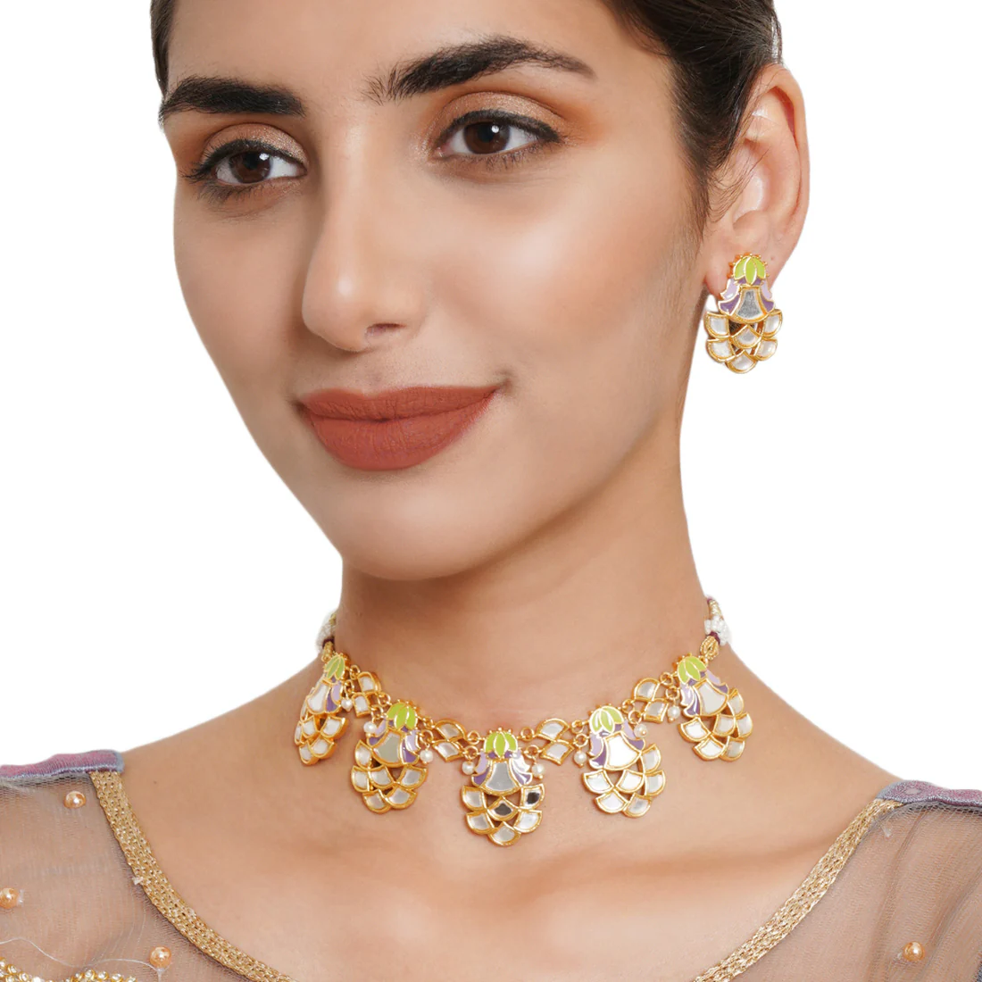 Festive Hues Enamelled Mirror Details Gold Plated Choker Jewellery Set - Image 2