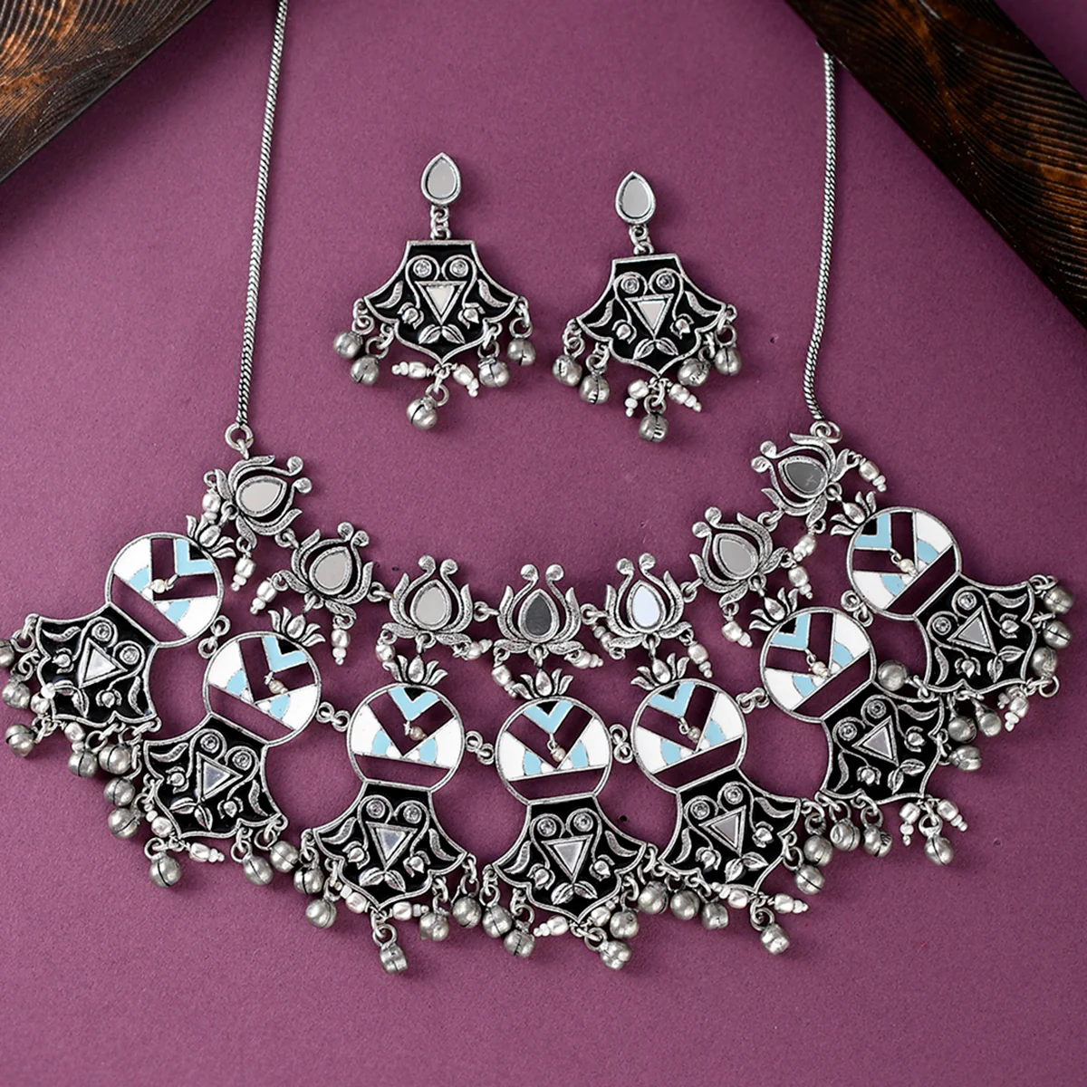 Festive Hues Enamelled Mirror Work Brass Oxidised Silver Plated Jewellery Set