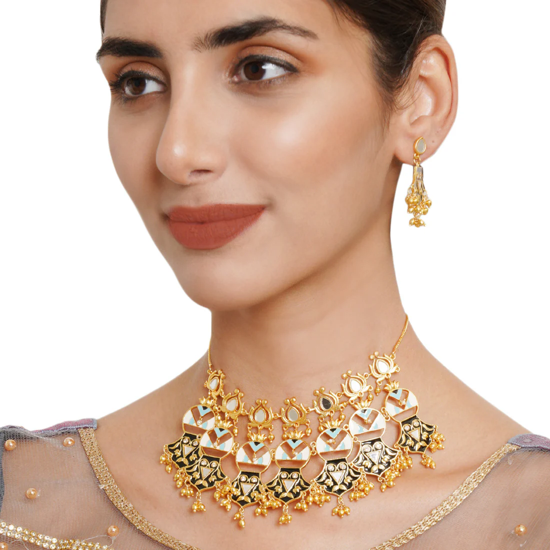Festive Hues Enamelled Mirror Work Gold Plated Jewellery Set - Image 2