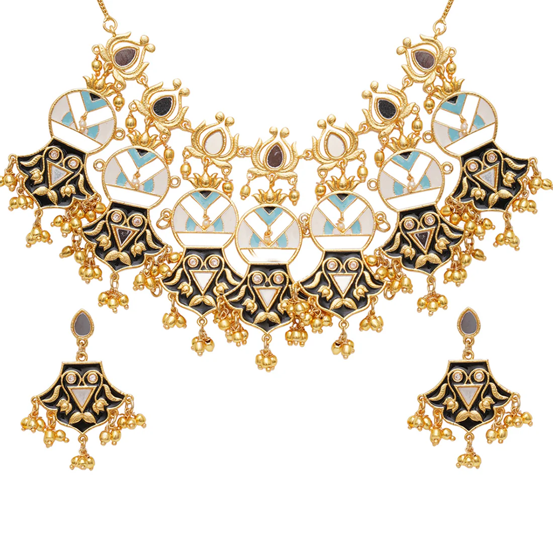 Festive Hues Enamelled Mirror Work Gold Plated Jewellery Set - Image 3