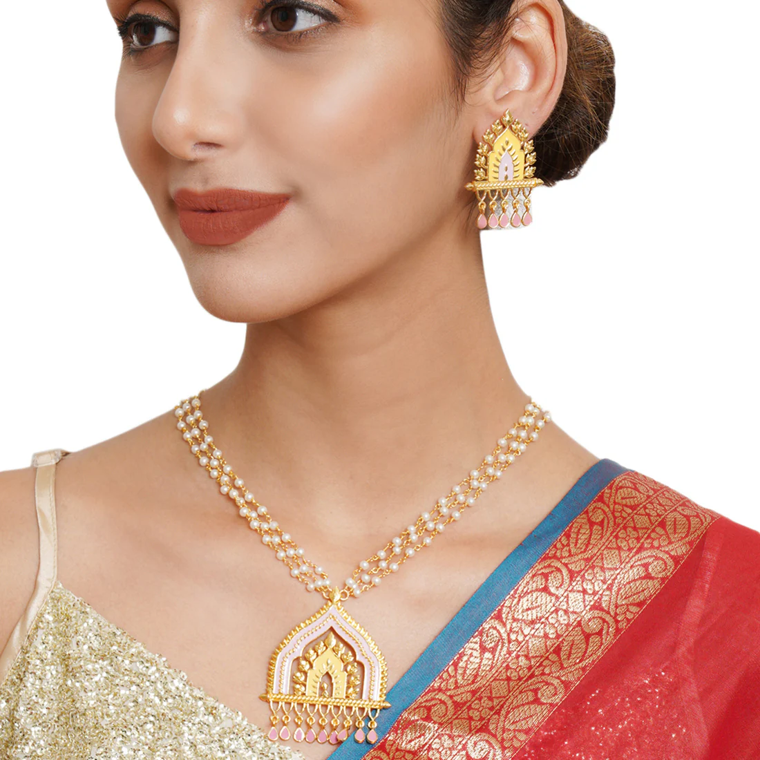 Festive Hues Ethnic Enamelled Faux Pearls Gold Toned Jewellery Set - Image 2