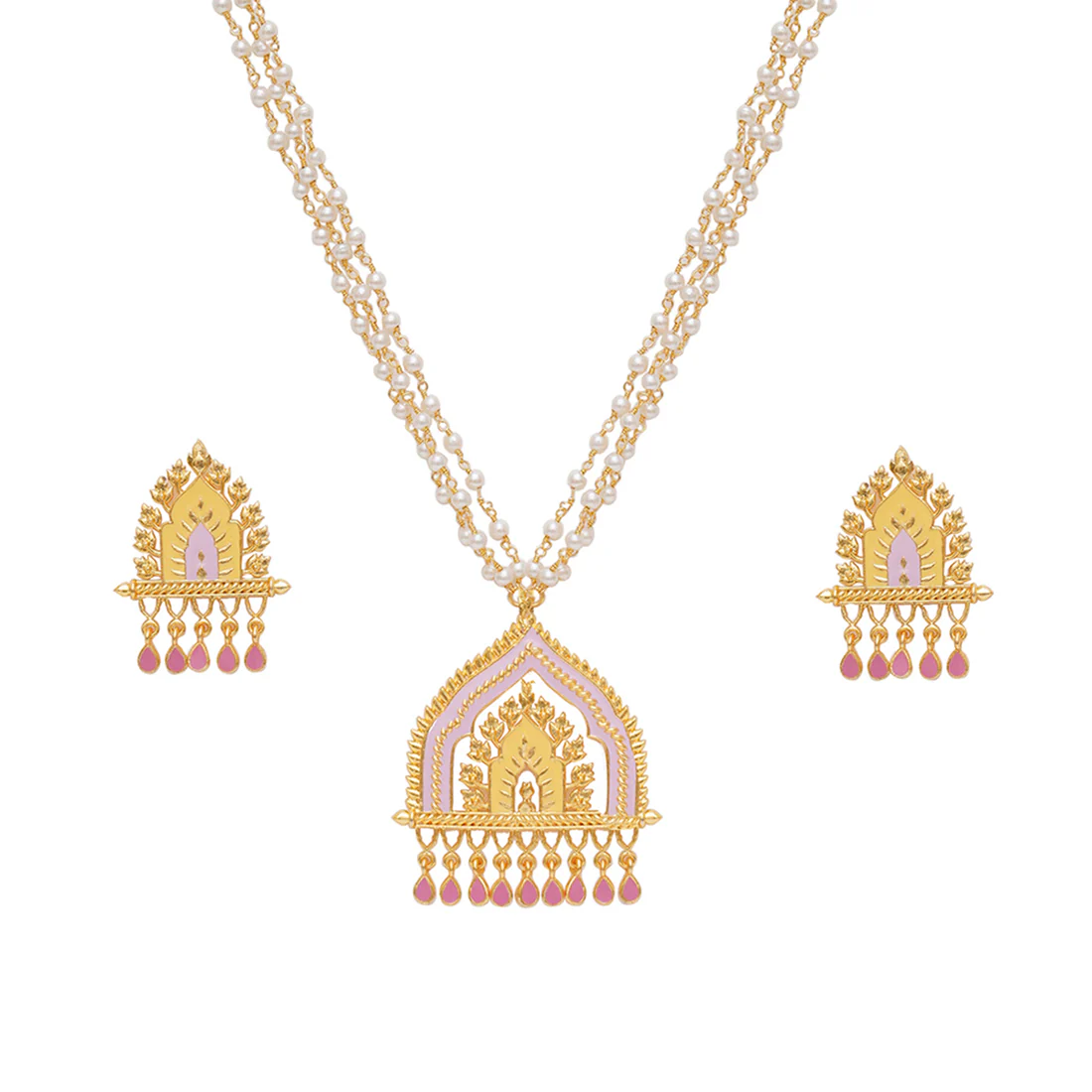 Festive Hues Ethnic Enamelled Faux Pearls Gold Toned Jewellery Set - Image 4
