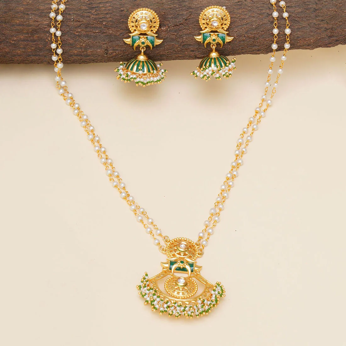 Festive Hues Faux Pearls Adorned Long Chain Gold Plated Brass Ethnic Jewellery Set