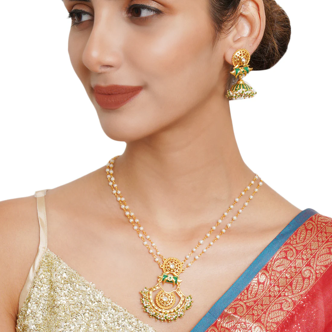Festive Hues Faux Pearls Adorned Long Chain Gold Plated Brass Ethnic Jewellery Set - Image 2