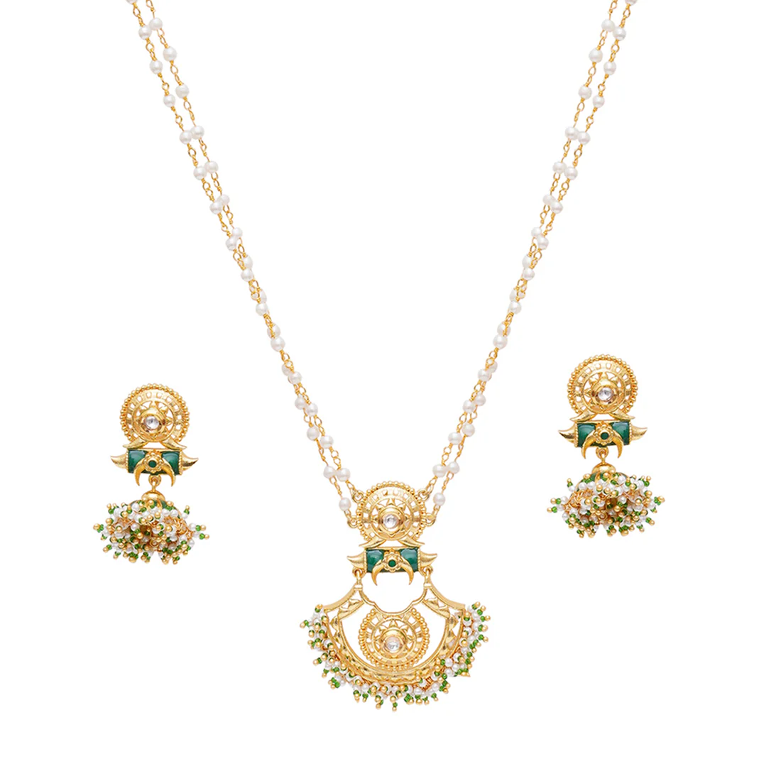 Festive Hues Faux Pearls Adorned Long Chain Gold Plated Brass Ethnic Jewellery Set - Image 4