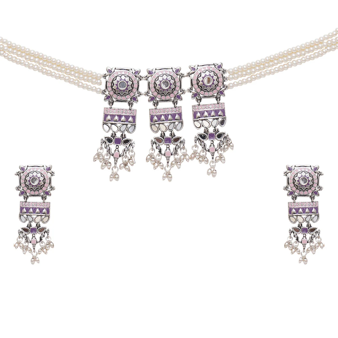 Festive Hues Faux Pearls and Mirror Work Oxidised Silver Plated Brass Jewellery Set - Image 4