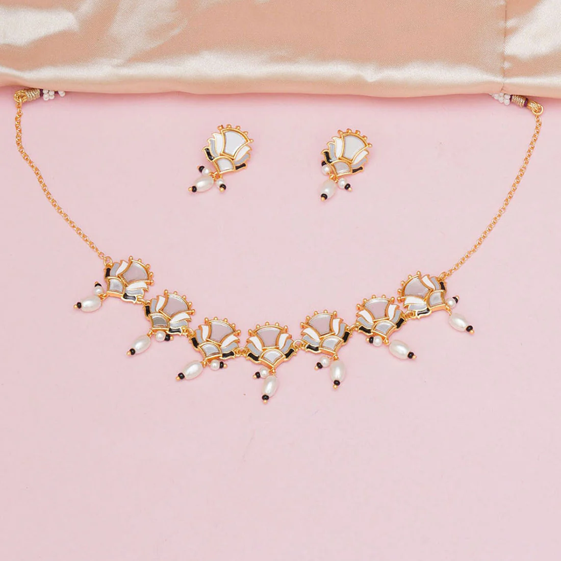 Festive Hues Floral Mirror Work and Faux Pearls Brass Silver Plated Jewellery Set