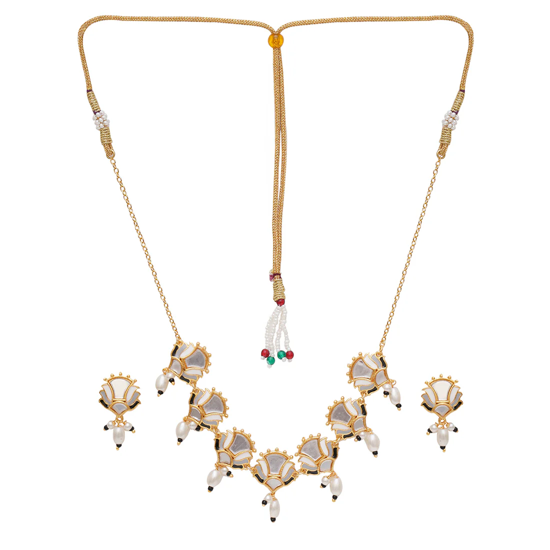 Festive Hues Floral Mirror Work and Faux Pearls Brass Silver Plated Jewellery Set - Image 3