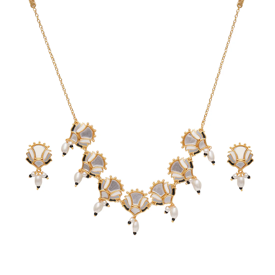Festive Hues Floral Mirror Work and Faux Pearls Brass Silver Plated Jewellery Set - Image 4