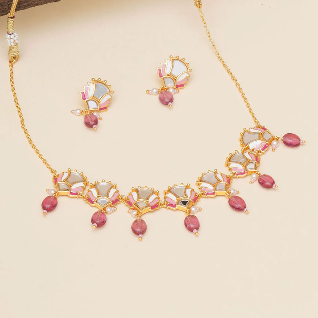 Festive Hues Floral Mirror Work Brass Gold Plated Jewellery Set