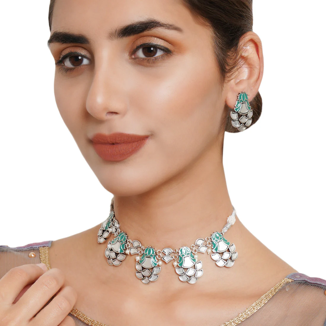 Festive Hues Floral Motifs Enamelled Mirror Details Silver Plated Jewellery Set - Image 2