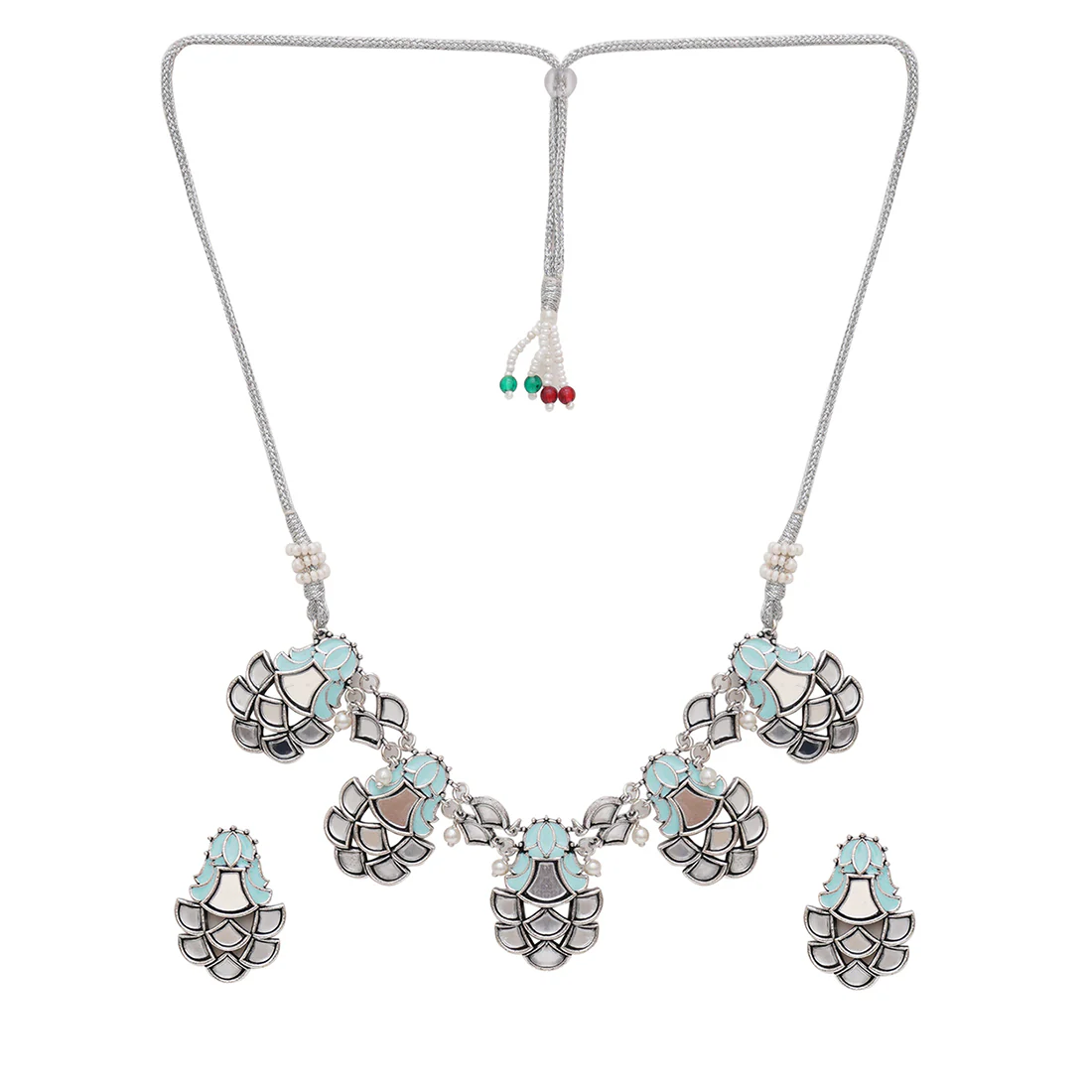 Festive Hues Floral Motifs Enamelled Mirror Details Silver Plated Jewellery Set - Image 3