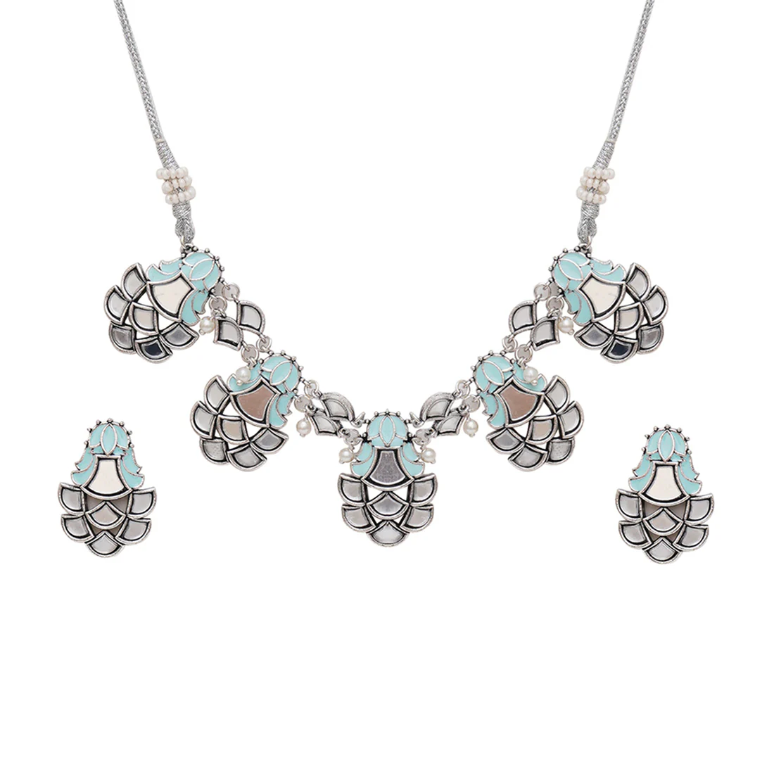 Festive Hues Floral Motifs Enamelled Mirror Details Silver Plated Jewellery Set - Image 4