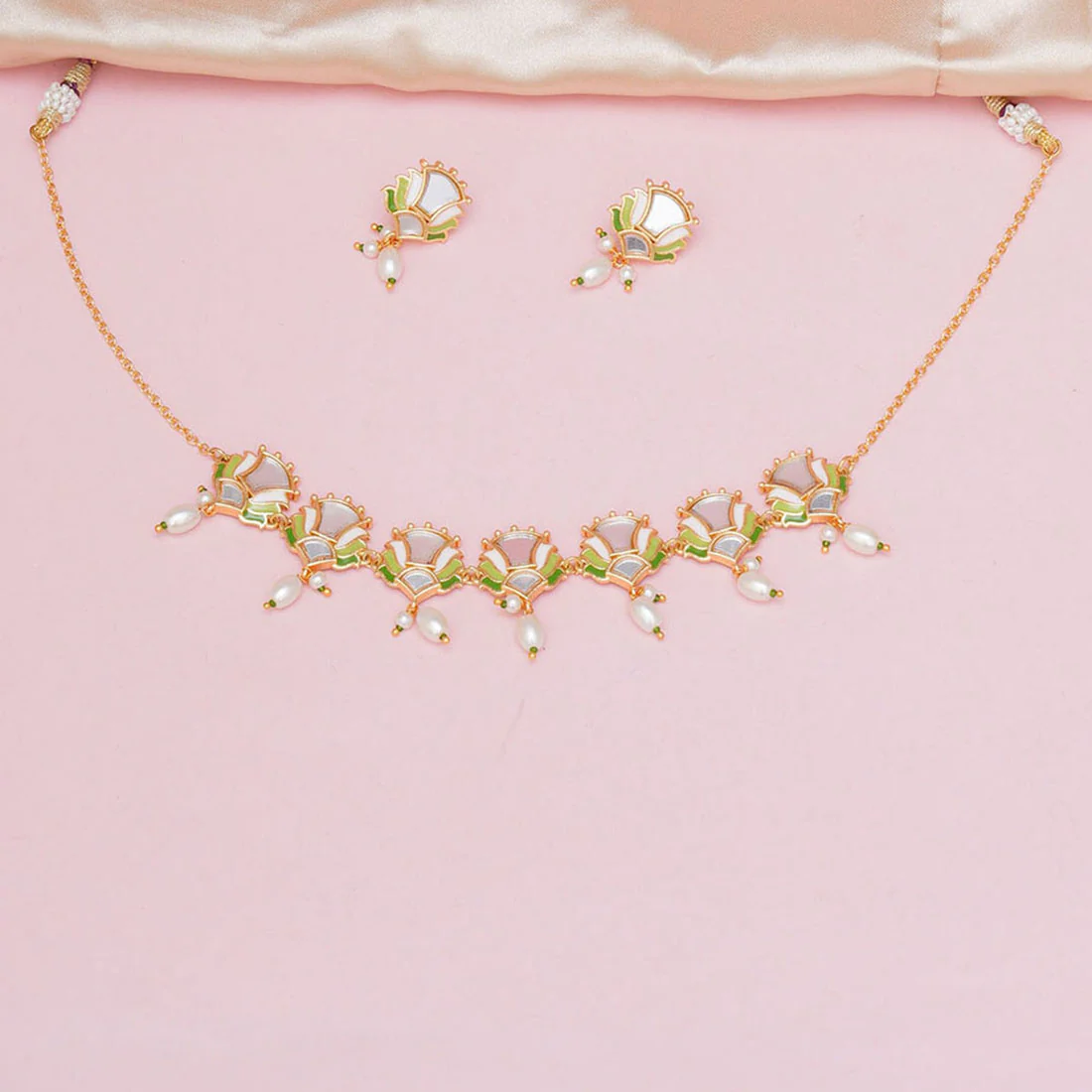 Festive Hues Floral Motifs Gold Plated Brass Mirrored Jewellery Set