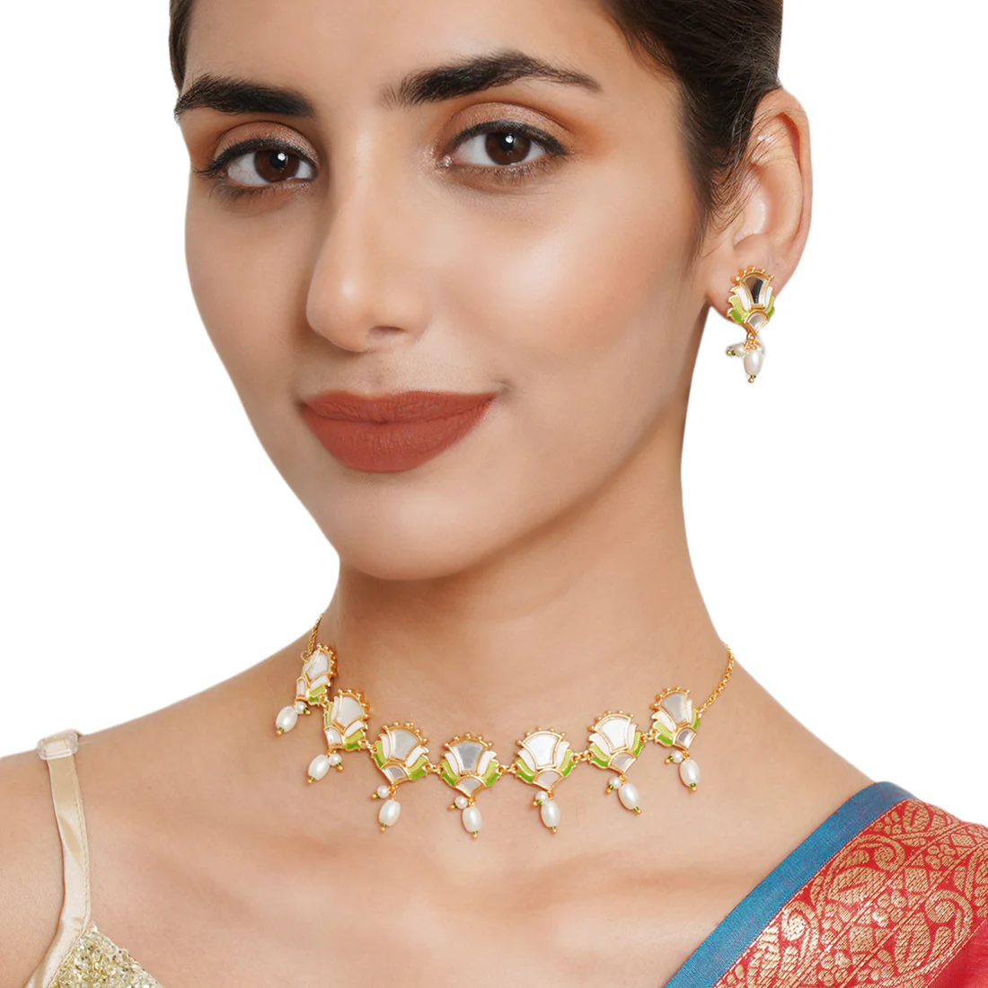 Festive Hues Floral Motifs Gold Plated Brass Mirrored Jewellery Set - Image 2