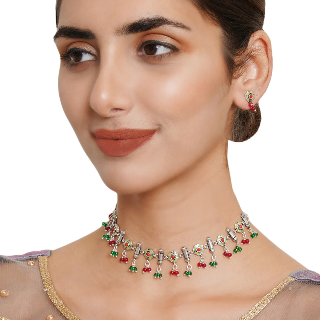 Festive Hues Intricate Enameled Choker Necklace Set with Artisanal Motifs and Green Beads - Image 2