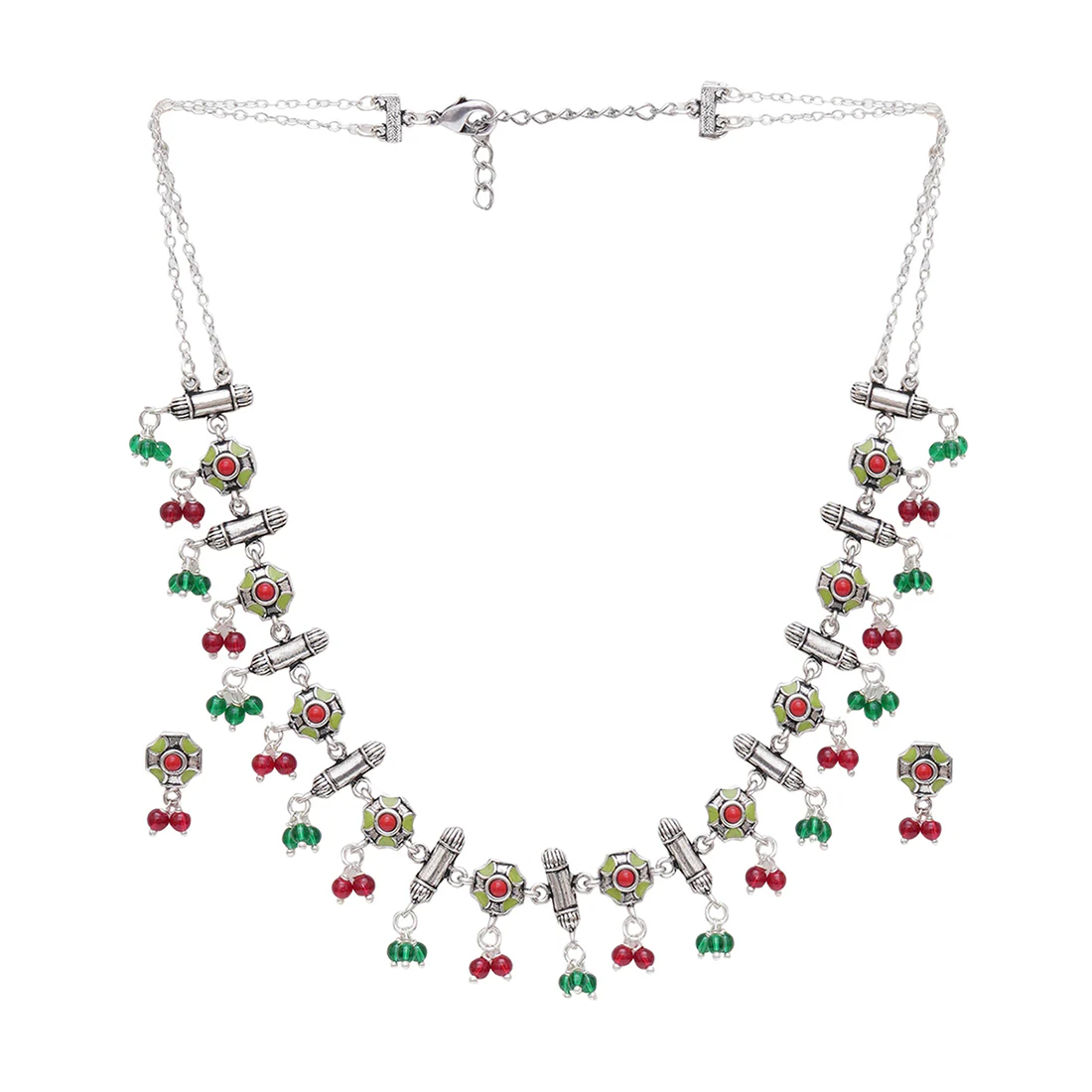 Festive Hues Intricate Enameled Choker Necklace Set with Artisanal Motifs and Green Beads - Image 3