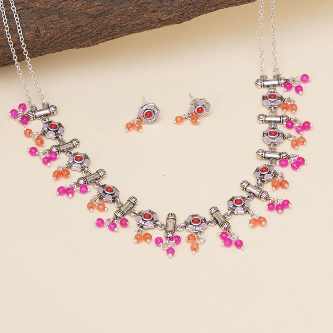 Festive Hues Intricate Enameled Choker Necklace Set with Artisanal Motifs and Pink Beads