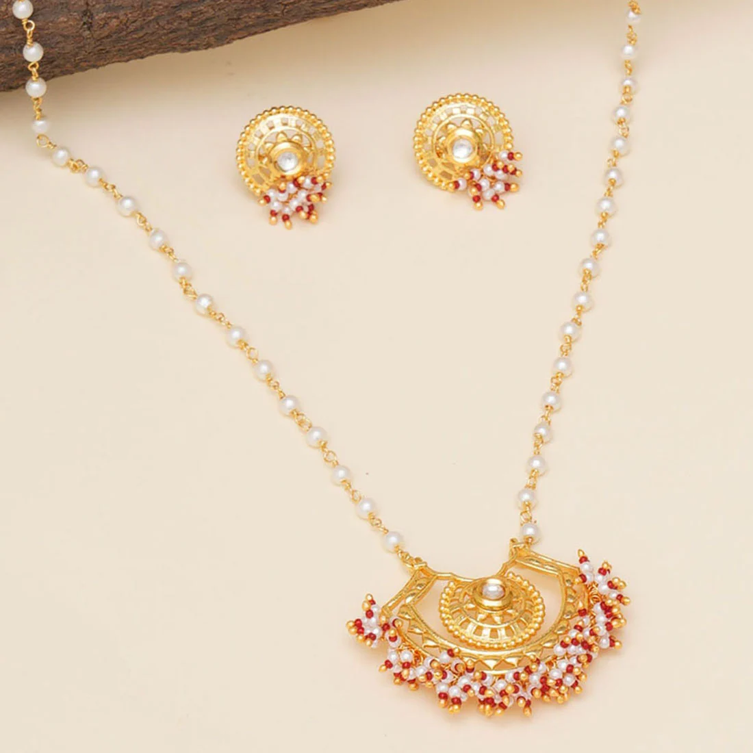 Festive Hues Long Gold Plated Jewellery Set in Pearl Chain