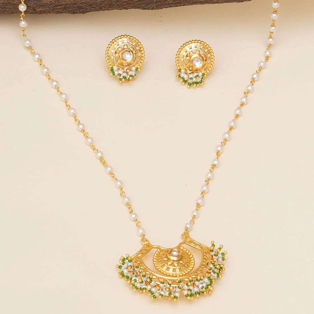 Festive Hues Long Jewellery Set in Gold and Pearl Chain