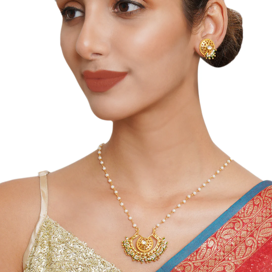 Festive Hues Long Jewellery Set in Gold and Pearl Chain - Image 2