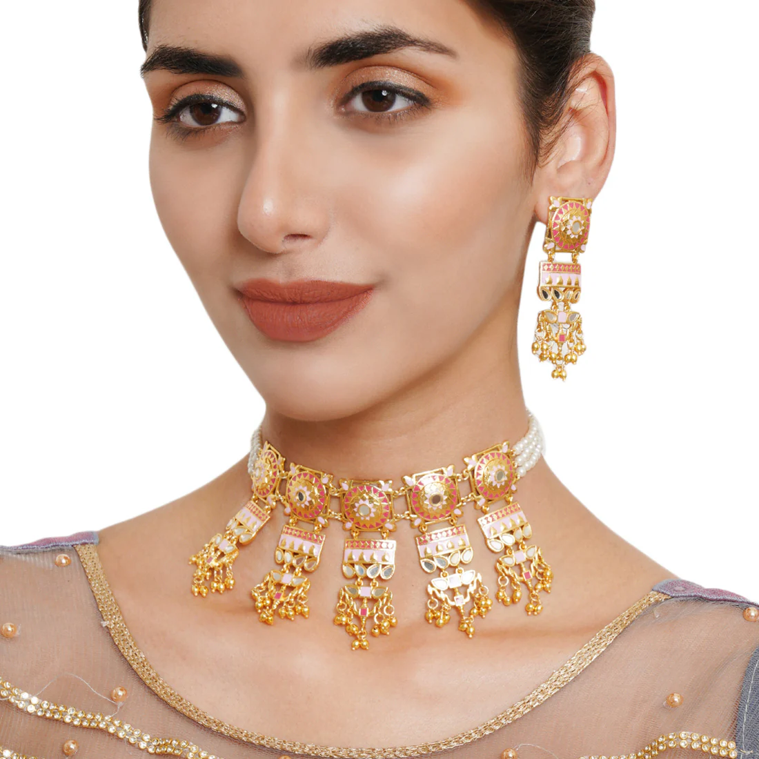 Festive Hues Mandala Faux Pearls Embellished Brass Gold Plated Jewellery Set - Image 2
