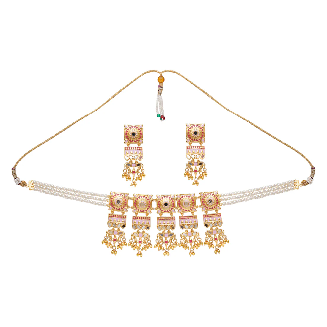 Festive Hues Mandala Faux Pearls Embellished Brass Gold Plated Jewellery Set - Image 3