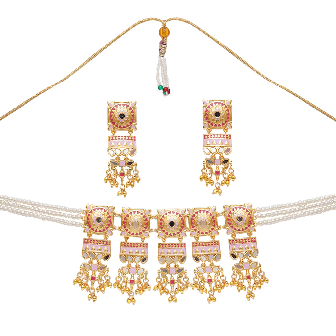Festive Hues Mandala Faux Pearls Embellished Brass Gold Plated Jewellery Set - Image 4