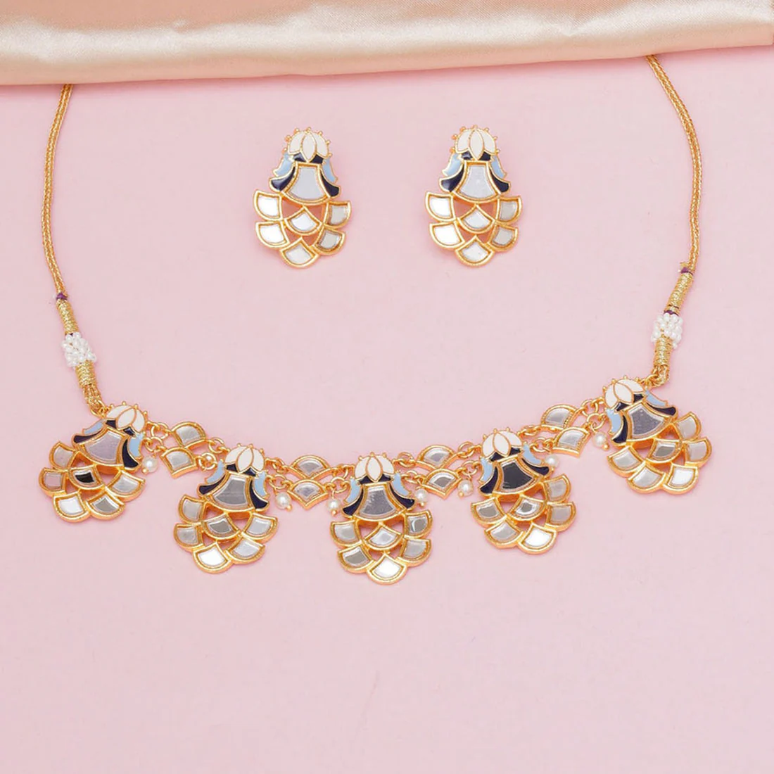 Festive Hues Mirror Work Enamelled Brass Gold Plated Choker Jewellery Set