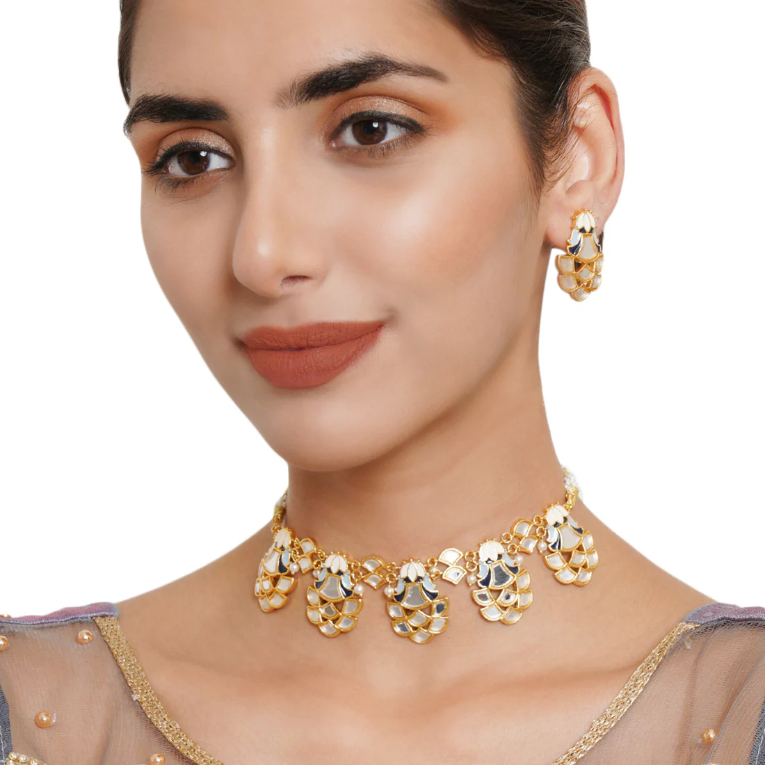 Festive Hues Mirror Work Enamelled Brass Gold Plated Choker Jewellery Set - Image 2