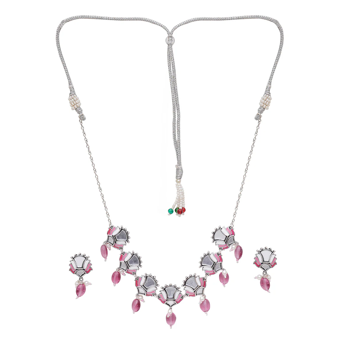 Festive Hues Mirrored Floral Motifs Brass Oxidised Silver Plated Jewellery Set - Image 3